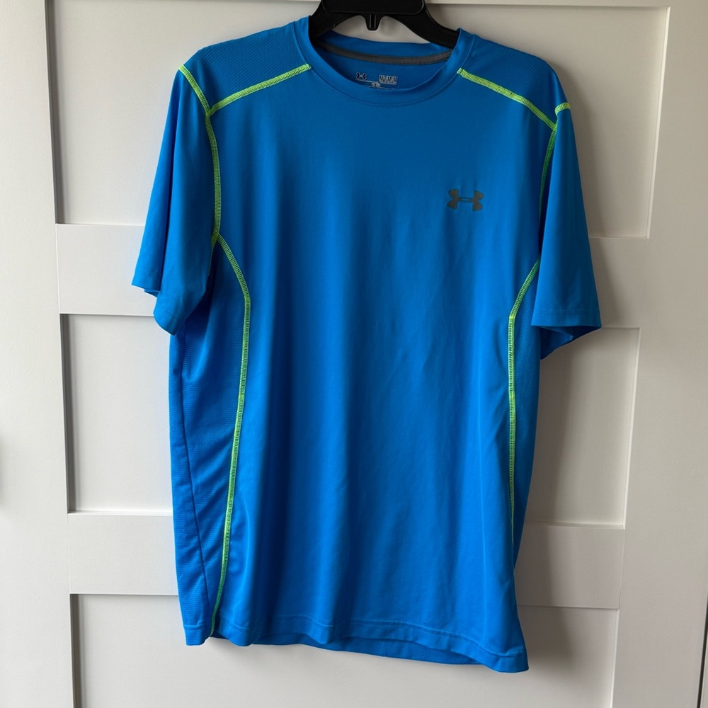 Under Armour Men's Bright Blue Short Sleeve Athletic Tee with Lime Accents